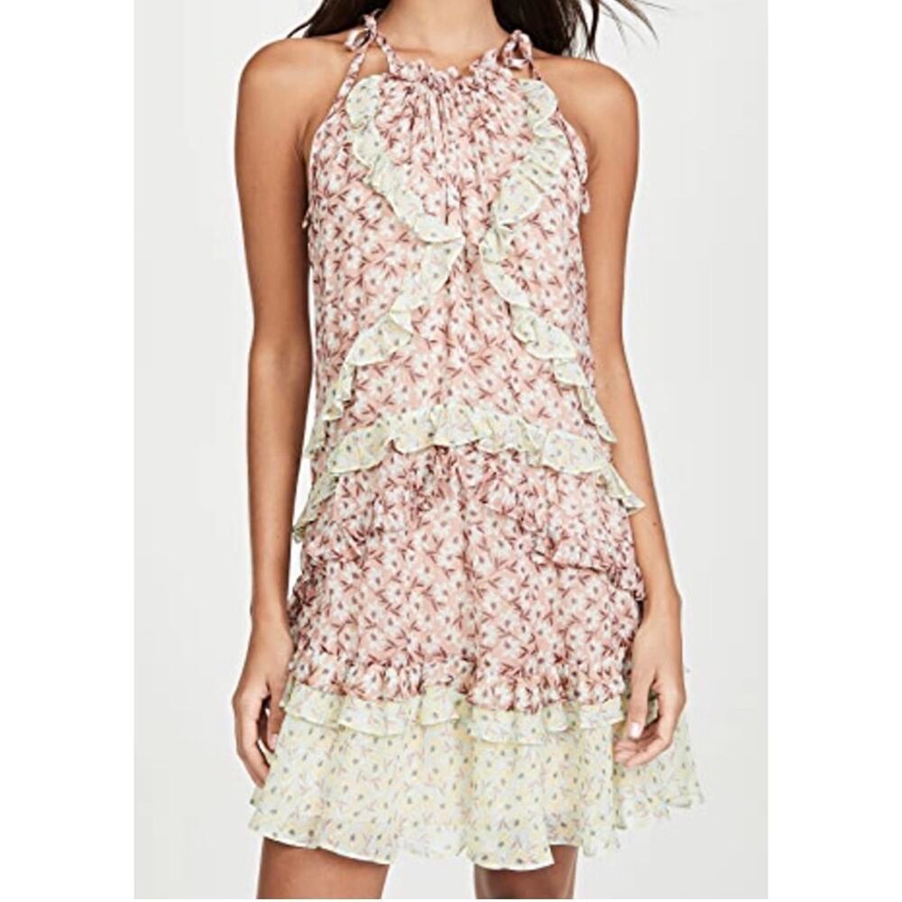 Rebecca Taylor Metallic Silk Halter Mini Dress XS Pink Ruffle Tent Dress NWT